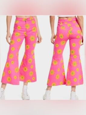 We the Free People Youthquake Pink Sunflower Print Crop Flare Jeans size 31